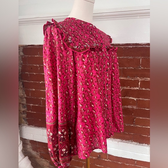 Joie Floral Peasant Blouse Fuchsia Ruffled Button Down Prairie Shirt Deep Pink - Picture 3 of 15